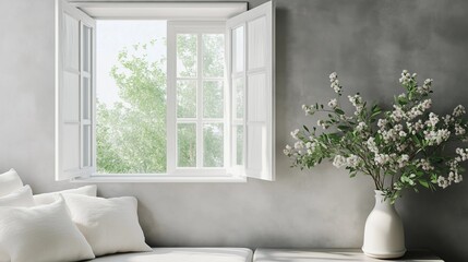 窓から見える美しい庭の木々や植物