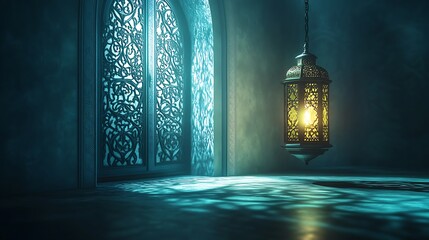 Eid Mubarak and Ramadan Kareem greetings with an Islam crescent, lantern, mosque banner backdrop