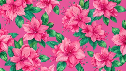 Fototapeta premium Watercolor Pink Azalea Flowers with Green Leaves on a Pink Background