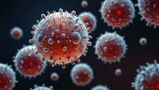A large number of virus particles. They are red spheres with small protrusions around them and water droplets on the surface.
