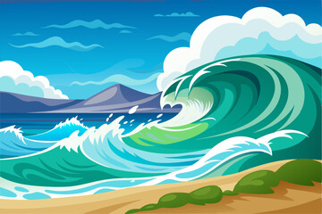 A Large Green Wave Breaks On A Sandy Shore