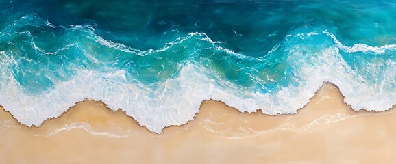 Aerial view of turquoise ocean waves crashing on a sandy beach.