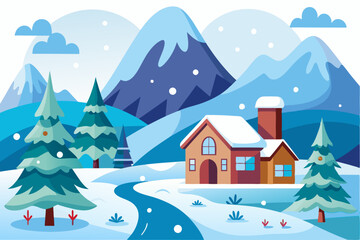 Fototapeta premium Cozy Cabin nestled in snowy mountain landscape