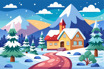 Naklejka premium A Snowy Winter Landscape with a House and Winding Path