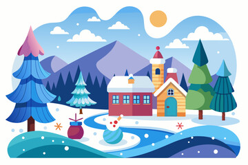 Naklejka premium Snowy Winter Landscape with Houses and Pine Trees