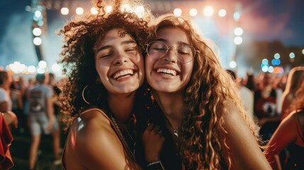 Young carefree women have fun at open air music concert at night and looking at camera.