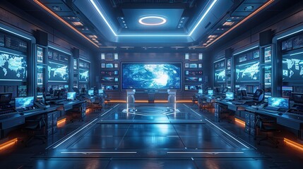 Futuristic News Studio with AI Anchors and Robotic Operators, Blank Space for Text | Surreal Technology Concept