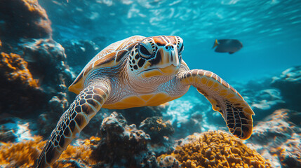 Fototapeta premium Sea Turtle Grace: A majestic sea turtle glides effortlessly through a vibrant coral reef, its shell shimmering with an array of colors. The underwater world comes alive with vibrant hues and intricat
