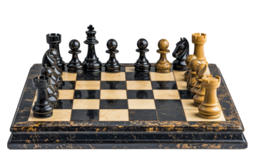 Elegant chessboard with black and white pieces set for a match. Strategy game symbolizing intellect, planning, and foresight.