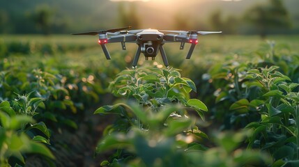 Futuristic Farming Technology Concept with Autonomous AI Drones | Agricultural Innovation and Automation Scene without Humans | Copy Space Available