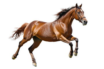 Naklejka premium A majestic brown horse in full gallop captures the essence of speed and freedom against a clear background.