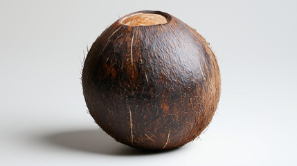 A single coconut placed on a white background