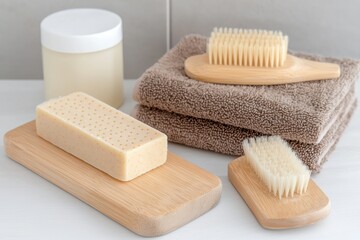 Natural Bath Accessories with Wooden Brushes, Soap, and Towels on a White Surface