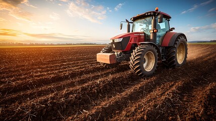 Obraz premium Red tractor working on farmland at sunset, showcasing agricultural productivity.