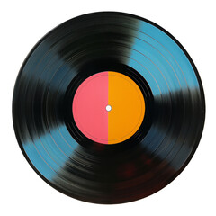 Colorful vinyl record with a modern design featuring vibrant pink, orange, and black segments, perfect for music-themed projects.