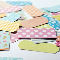 Obraz premium An assortment of paper labels featuring stickers, isolated on a white backdrop.