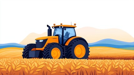 Obraz premium A vibrant illustration of a tractor working in a golden wheat field, symbolizing agriculture and farming in scenic landscapes. Illustration.
