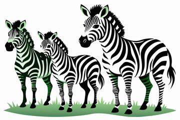 Fototapeta premium Three Zebras Standing in Grass with Green Stripes