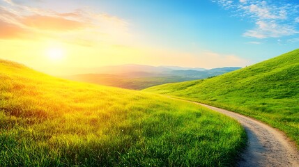 Obraz premium A serene landscape of rolling green hills under a vibrant sunrise.