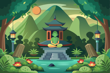 Green-Skinned Monk Meditating at a Pagoda in a Lush Forest