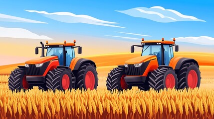 Fototapeta premium Two vibrant tractors parked in a golden wheat field under a colorful sunset sky, symbolizing agricultural productivity. Illustration.