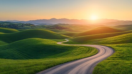Serene winding road through lush green hills at dusk.