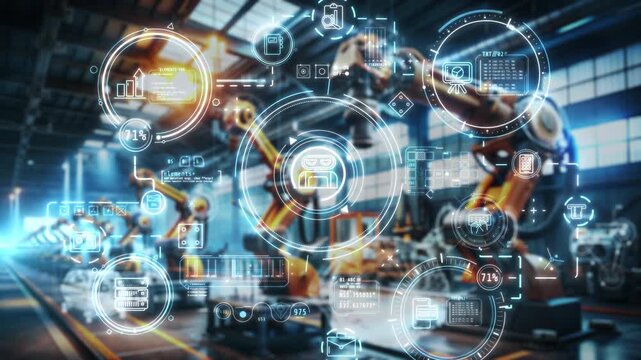 Robotic and automated production, infographics on industrial background.
