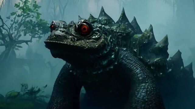 Giant toad monster emerging from fog in dark fantasy forest