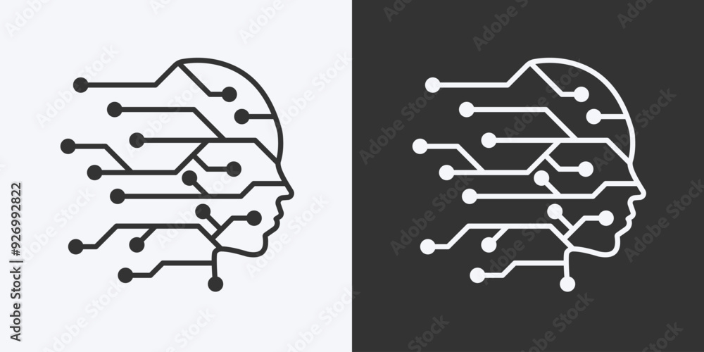 Poster Human head tech with line circuit icon. line icon isolated on  background. Artificial intelligence technology concept. Vector illustration.