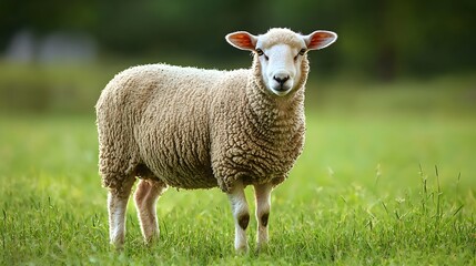 Fototapeta premium A fluffy white sheep standing in a lush green field.