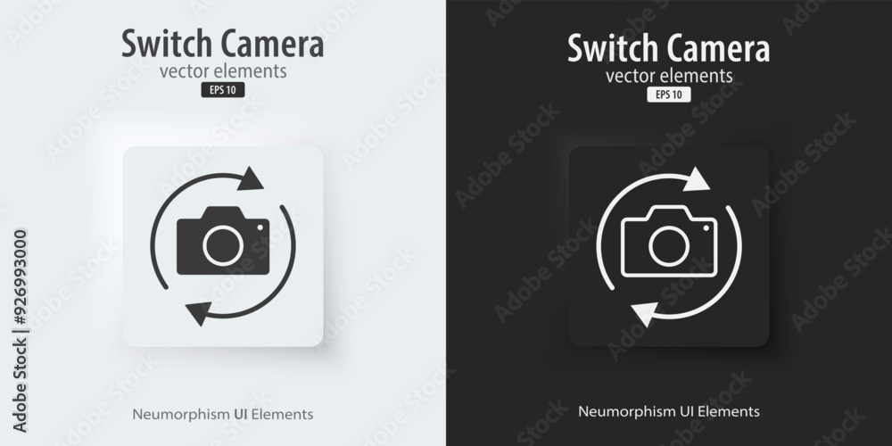 Poster Flip and switch the camera icon. Flat and line icon. A set of square buttons with symbols. 3d Neumorphism element design for apps, websites, and Interfaces. UI UX. Vector illustration.