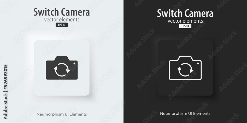 Poster Flip and switch the camera icon. Flat and line icon. A set of square buttons with symbols. 3d Neumorphism element design for apps, websites, and Interfaces. UI UX. Vector illustration.