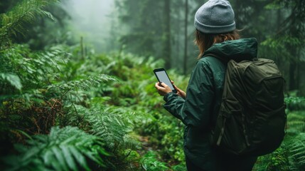 A girl traveling in forest with navigating with mobile phone