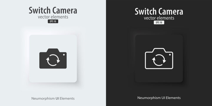 Flip and switch the camera icon. Flat and line icon. A set of square buttons with symbols. 3d Neumorphism element design for apps, websites, and Interfaces. UI UX. Vector illustration.