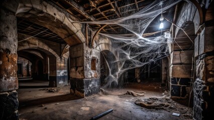 Abandoned Stone Cellar with Cobwebs and a Single Lightbulb