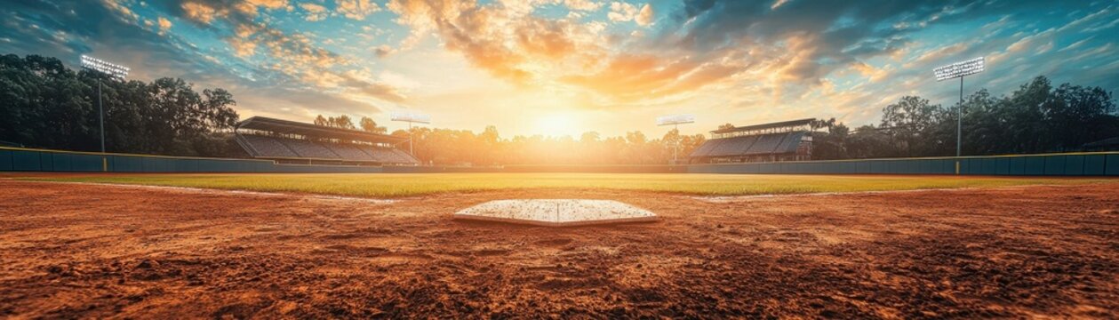 A stunning panoramic view of a baseball field at sunrise, showcasing vibrant colors and a serene atmosphere for sports enthusiasts.