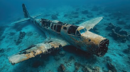 Naklejka premium airplane wreckage secrets hidden in the depths blue sea