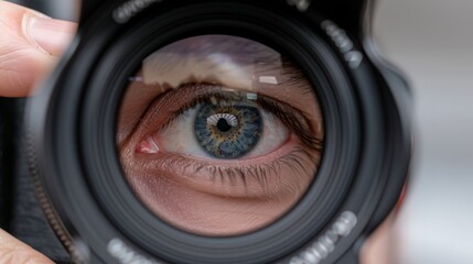 A close-up shot of a photographer's eye looking through a camera lens.