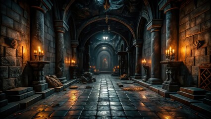 Fototapeta premium A dimly lit stone corridor with candlelit pillars and an arched opening at the end.