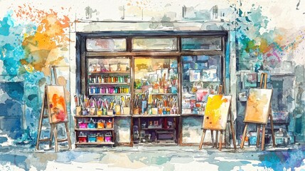 Fototapeta premium Colorful art supply store with paints and easels, showcasing creativity and inspiration in a vibrant, inviting setting.