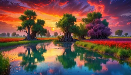 Obraz premium Sunset over a calm lake with reflections, surrounded by trees and a clear sky, capturing a serene summer evening