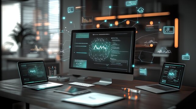A modern workspace with multiple smart devices connected seamlessly, displaying collaborative documents in a cloud interface, clear light, realistic photo 8K