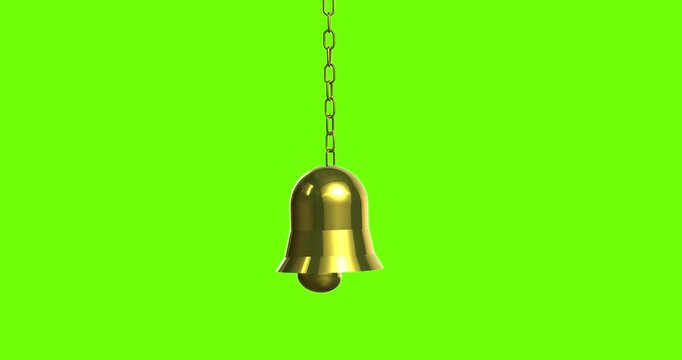 3d render Hindu temple  hanging bell animation on green screen,3d golden or brass bell hanging with golden chain for spiritual vibration sound