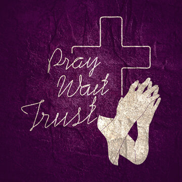 Cross and pray wait trust text in thin lines style