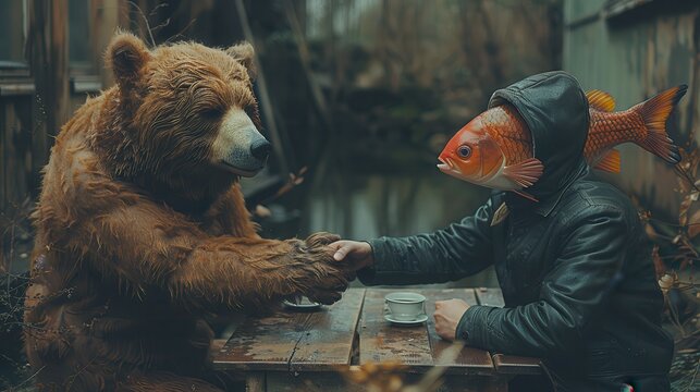 Unusual Encounter: Surreal Meeting of Human with Bear's Head and Human with Fish's Head in Smart Casual Attire | Blank Space for Text on Right Side