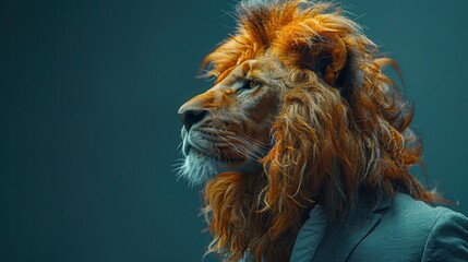 Roaring Success - Surreal Businessperson with Lion Head Presenting at Conference with Slide Show, Copyspace on Right