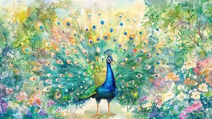 Obraz premium Vibrant peacock displays its colorful feathers amidst a lush floral background, capturing the essence of nature's beauty.