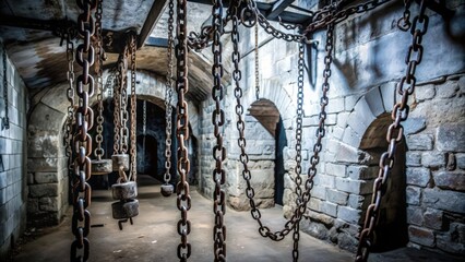 Rusty Chains Hanging in a Brick-walled Room