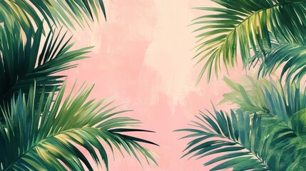 Vibrant tropical scene with palm trees, sandy beach, and soft pastel colors.