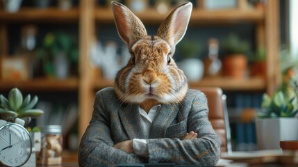 Unconventional Business Meeting - Businessperson with Rabbits Head in Boardroom Video Conference | Copy Space Available
